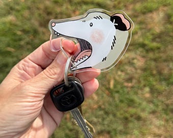 May include: A clear acrylic keychain with a cartoon opossum design. The opossum has a white face, gray body, and pink ear. The keychain is attached to a set of keys with a black key fob.