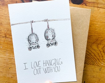 Hanging Opossum Art Greeting Card: Wildlife Lover Gift