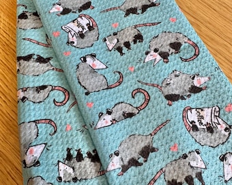Opossum Cute Heart and Coffee Print Kitchen Towel, Whimsical Animal Dish Towel, Microfiber Cleaning Cloth