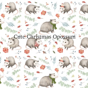 May include: A repeating pattern featuring opossums in winter attire, including hats and scarves, along with gift boxes and foliage. The text "Cute Christmas Opossum" is displayed in the center of the image. The opossums are gray with pink noses and tails.