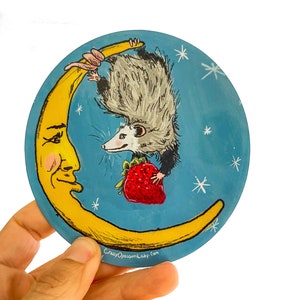 Magnet : The Offering Opossum Possum Animal, Wildlife, Woodland, Gift, Stocking Stuffer, Humor, Moon and Strawberry
