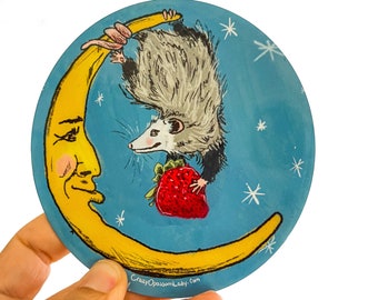 Magnet : The Offering Opossum Possum Animal, Wildlife, Woodland, Gift, Stocking Stuffer, Humor, Moon and Strawberry