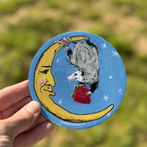 Magnet : The Offering Opossum Possum Animal, Wildlife, Woodland, Gift, Stocking Stuffer, Humor, Moon and Strawberry