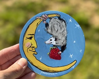 Magnet : The Offering Opossum Possum Animal, Wildlife, Woodland, Gift, Stocking Stuffer, Humor, Moon and Strawberry