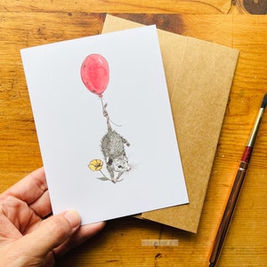 Greeting Card : Balloon Opossum Possum, Art, Stationary, Friend, Wildlife Lover, Animal Rehab, Cute, Gift