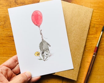 Greeting Card : Balloon Opossum Possum, Art, Stationary, Friend, Wildlife Lover, Animal Rehab, Cute, Gift