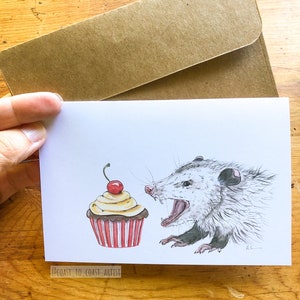 Greeting Card : Birthday Cupcake Opossum Possum, Art, Stationary, Wildlife Lover, Animal Rehab, Cute, Gift