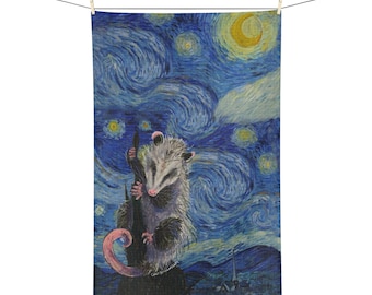 Tea Towel : Starry Night Van Gogh Cute Opossum Possum Tea Towel, Gift, Stocking Stuffer, Kitchen, Wildlife