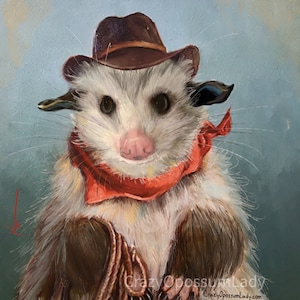 Print : Cowboy Indiana Jones - painting, Opossum Possum Wildlife Art, Rehab Animal, Woodland Watercolor Print, gifts, humor