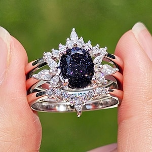 Anillo de bodas Nebulosa para mujer, anillos de arenisca de galaxia azul, anillo de compromiso personalizado, anillo de novia (juego de 3)