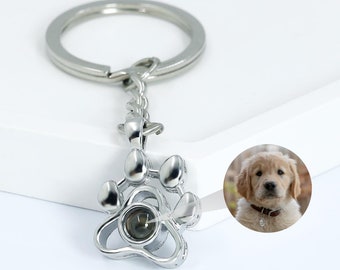 Porte-clés photo personnalisé avec projection d'empreintes de pattes, collier photo de chien, collier/porte-clés/bracelet photo d'animal de compagnie, cadeau commémoratif de décès d'un animal de compagnie personnalisé