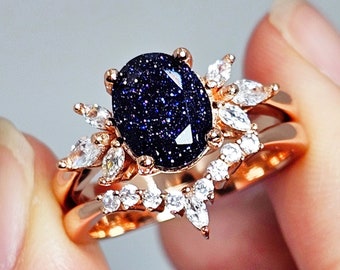 Ensemble de bagues en grès bleu galaxie, bague nébuleuse pour femme, bague de promesse personnalisée pour elle, 2 bagues de fiançailles personnalisées, cadeau d'anniversaire