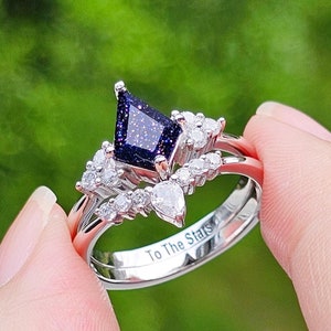 Women’s Nebula Wedding Ring, Blue Galaxy Sandstone Rings, Personalized Promise Ring for Her, Custom Engagement Ring, Bridal Ring Set of 2
