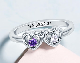 Dual Birthstones Ring, Promise Ring for Her, Womens Double Stones Engagement Ring, Wedding Band, 925 Sterling Silver Heart Ring