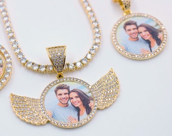 Custom Photo Necklace, Personalized Picture Necklace, Simulated Diamond Necklace, Hip Hop Pendant with Cubic Zircon, Memorial Jewelry Gift