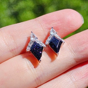 Blue Sandstone Stud Earrings, Vintage Galaxy Stone Studs, Unique  Earrings, Sterling Silver Studs, Gift for Her