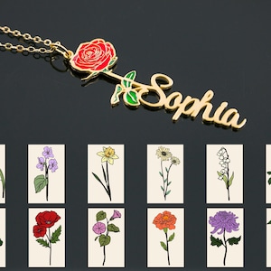 Collana con nome personalizzato con fiore di nascita, collana con nome personalizzato con fiore di nascita, gioielli con fiori del mese di nascita, collana floreale, regalo per la mamma