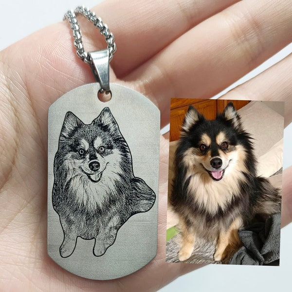 Custom Dog Photo Necklace, Personalized Engraved Cat Picture Keychains, Pet Portrait Tag Pendant Charm, Dog Loss Memorial, Fathers Day Gift