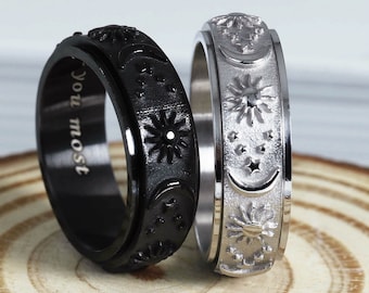 Personalized Sun Moon Stars Ring, Matching Couples Ring, Custom Engrave Ring, Spinner Rings, Promise Rings for Couple Him Her