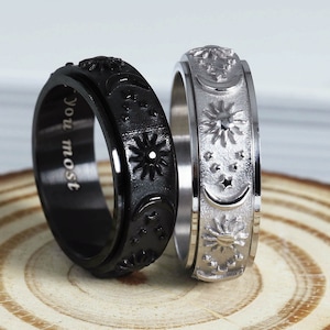 Personalized Sun Moon Stars Ring, Matching Couples Ring, Custom Engrave Ring, Spinner Rings, Promise Rings for Couple Him Her