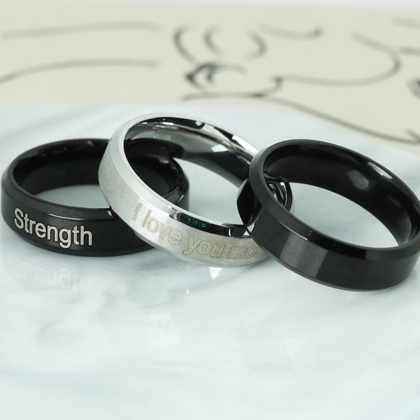 Anillo de acero inoxidable personalizado, banda grabada personalizada, anillo unisex, anillo de promesa negro/plata para pareja, regalo del día del padre
