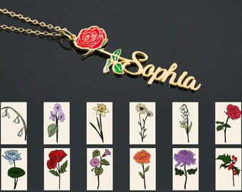 Custom Name Necklace with Birth Flower, Personalized Birthflower Name Necklace, Birth Month Flower Jewelry, Floral Necklace, Gift for Mom