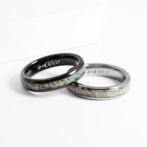 Personalized 4mm Crushed Opal Ring for Couples, Tungsten Promise Ring for Him and Her, Custom His & Hers Wedding Band, Couples Matching Band