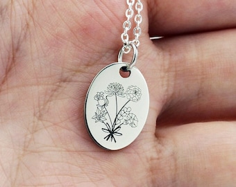 Birth Flower Necklace, Custom Birthflowers Bouquet Necklace, Personalized Engraving Floral Necklace for Mom, Mother's Day Gift, Oval Plate