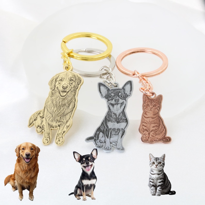 Custom Dog Photo Keychain, Cat Picture Keychains, Personalized Engraved Pet Portrait Key Chain, Key Ring for Pet Loss, Dog Memorial Gift image 2