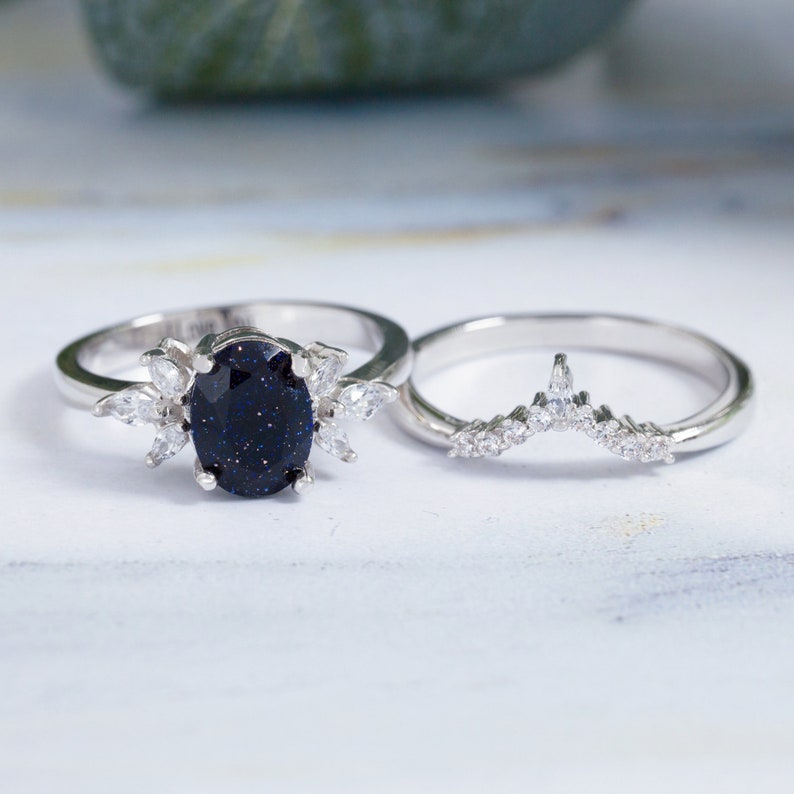 Blaue Galaxie Sandstein Ring Set, Frauen Nebula Ring, personalisierte Versprechen Ring für sie, 2 Stück benutzerdefinierte Verlobungsring, Jubiläumsgeschenk Bild 6