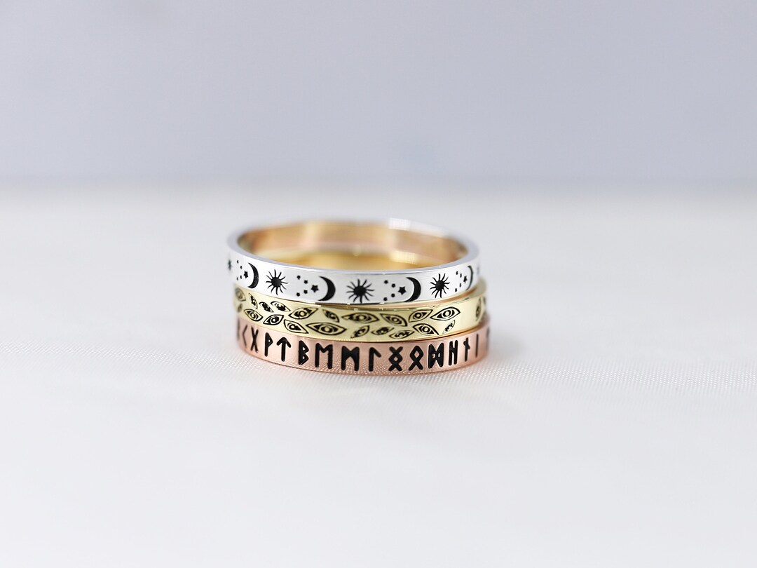 Custom Sun and Moon Ring, Personalized Evil Eyes Ring, Stacking Runes ...