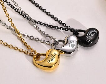 Custom Pet Urn Necklace, Personalized Cremation Necklace for Dog Cat Ashes, Small Heart Pendant Urn Engraved, Memorial Gift for Pet Loss
