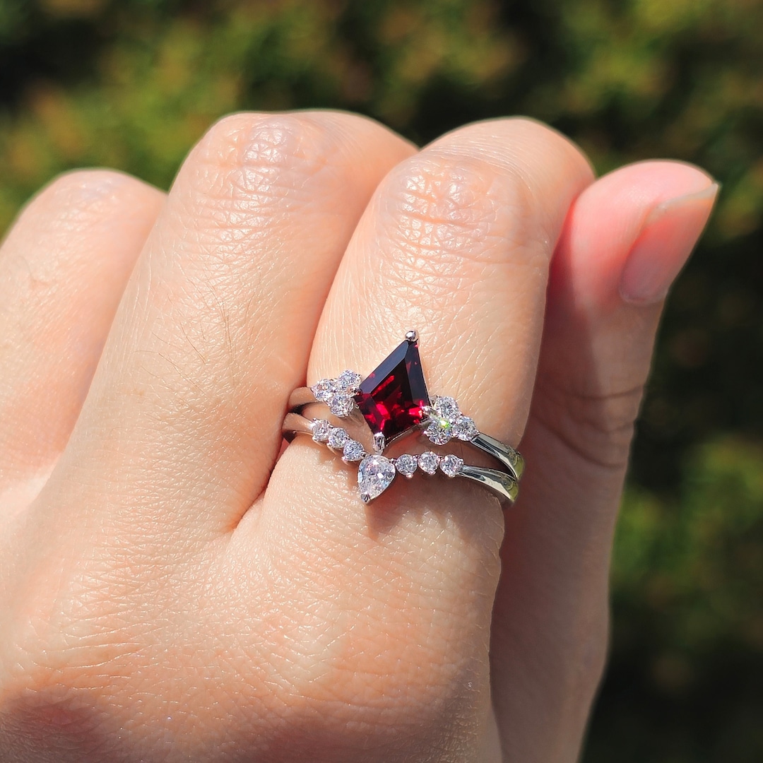 Natural Garnet Ring Set, Custom Red Garnet Engagement Ring ...