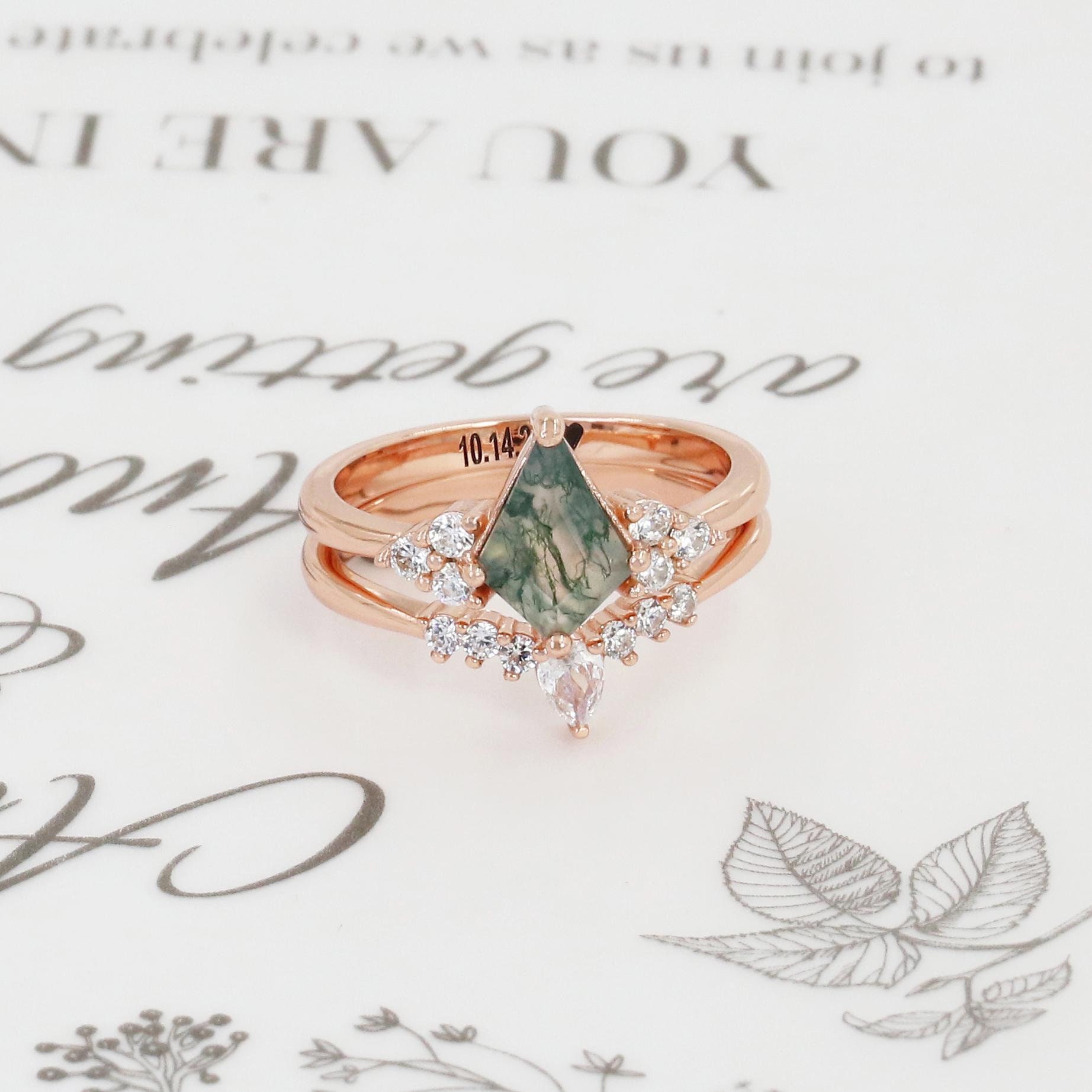 Custom Natural Moss Agate Ring, Personalized Engraved Engagement Ring ...