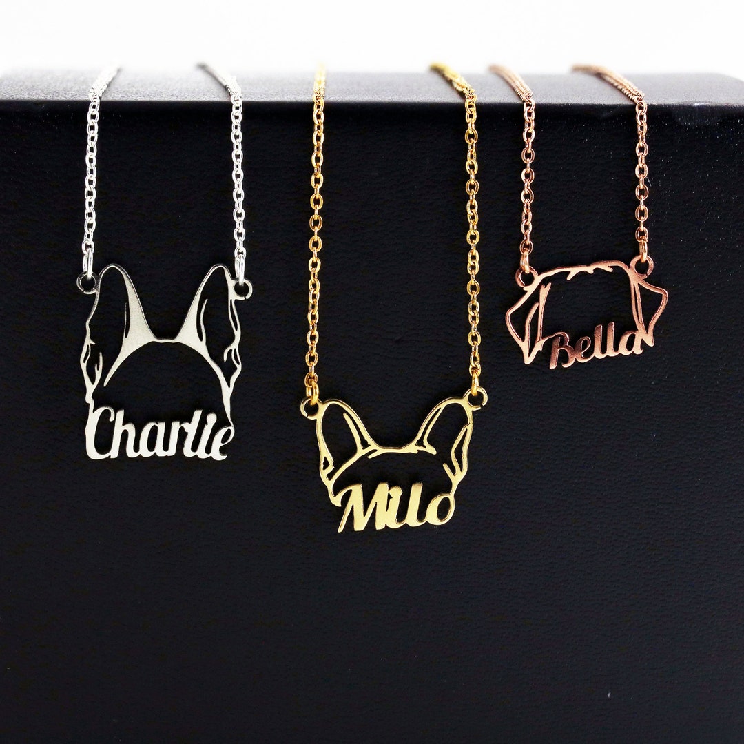 Personalized Dog Name Necklaces, Custom Dog Ears Silhouette Necklace