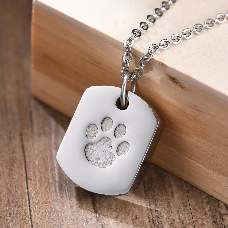 May include: A silver dog tag necklace with a paw print design. The tag is rectangular and has a smooth, polished finish. The chain is silver and has a delicate, link-style design.