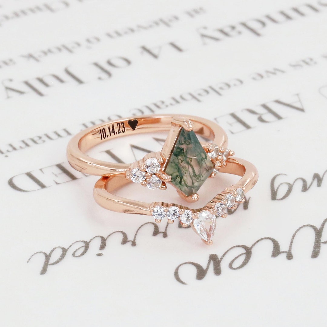 Custom Natural Moss Agate Ring, Personalized Engraved Engagement Ring ...