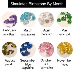 May include: A chart showing simulated birthstones by month. The chart shows a circle with a different color of simulated gemstones for each month of the year. The chart includes the name of the gemstone and the month it is associated with.