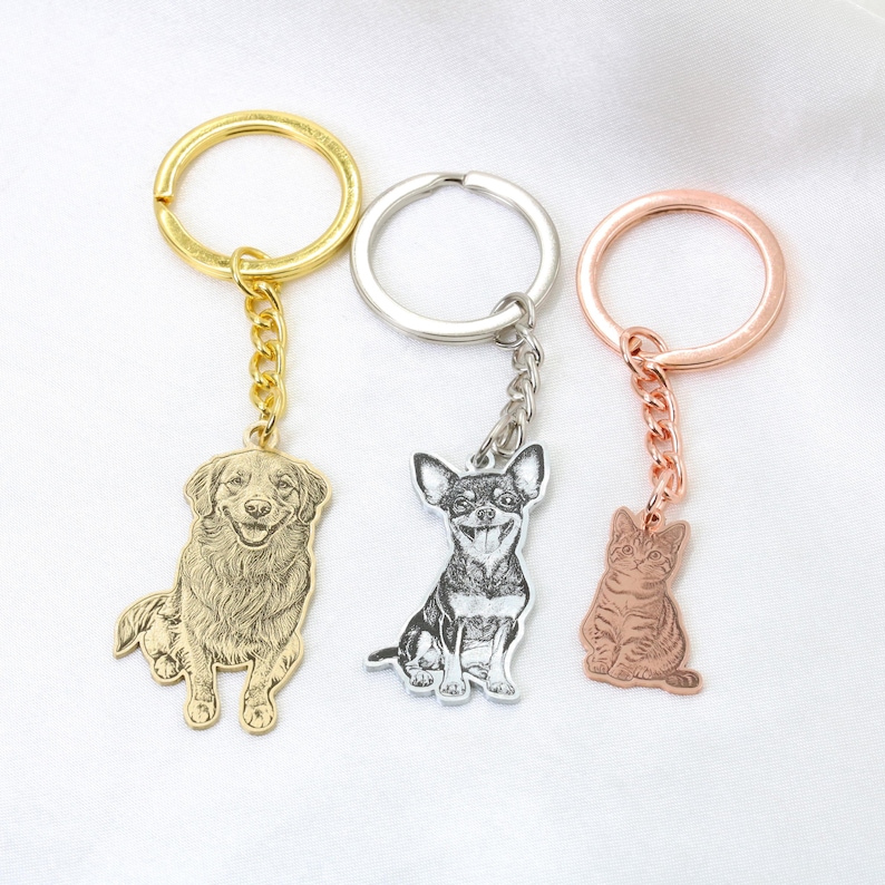 Custom Dog Photo Keychain, Cat Picture Keychains, Personalized Engraved Pet Portrait Key Chain, Key Ring for Pet Loss, Dog Memorial Gift image 1