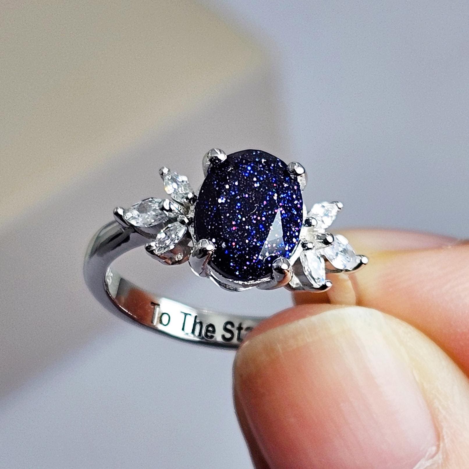 Blue Galaxy Sandstone Ring, Women’s Nebula Ring, Personalized Promise Ring for Her, Custom Engagement Ring, Anniversary Gift