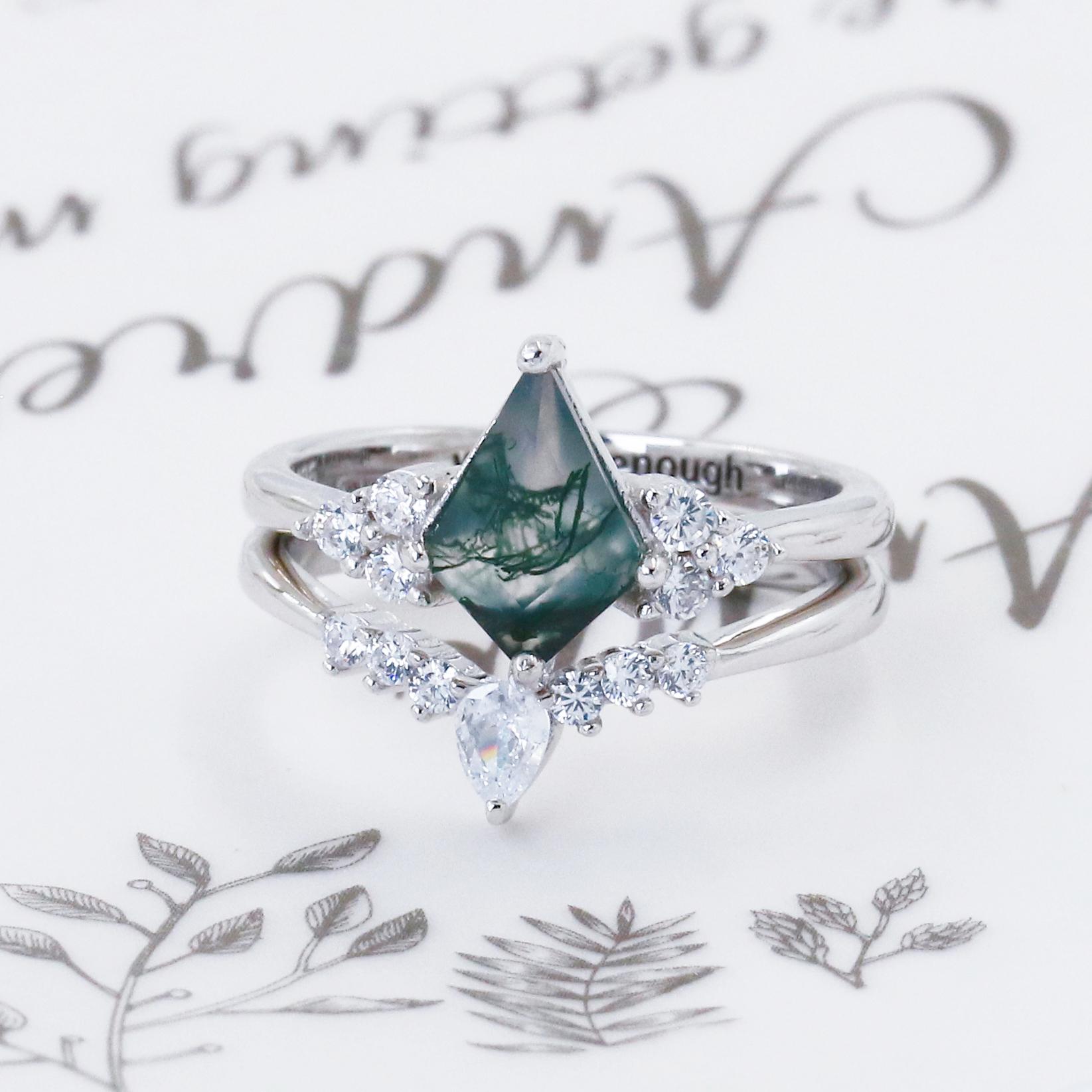Custom Natural Moss Agate Ring, Personalized Engraved Engagement Ring ...
