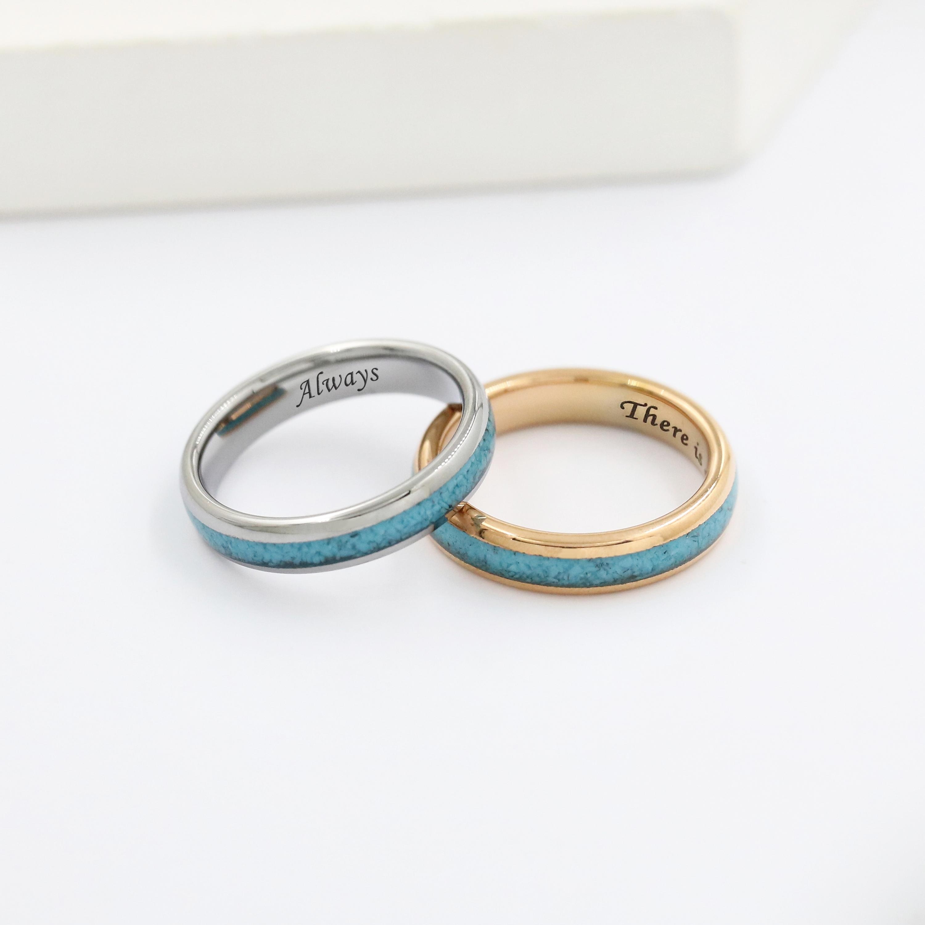 Custom Promise Ring for Him Her, Engraved Wedding Band, Personalized Couples Ring, His and Hers Ring, Tungsten Turquoise Ring Band