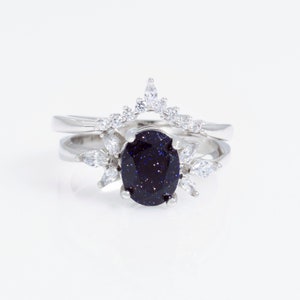 Blaue Galaxie Sandstein Ring Set, Frauen Nebula Ring, personalisierte Versprechen Ring für sie, 2 Stück benutzerdefinierte Verlobungsring, Jubiläumsgeschenk Bild 4