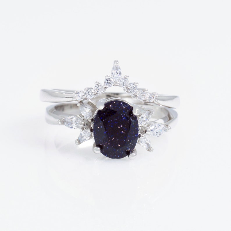 Ensemble de bagues en grès bleu galaxie, bague nébuleuse pour femme, bague de promesse personnalisée pour elle, 2 bagues de fiançailles personnalisées, cadeau d'anniversaire image 4