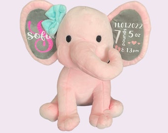 Personalized Birth Elephant Announcement for Baby, Elephant Newborn Gift, Stuffed Animal Elephant Plush Keepsake