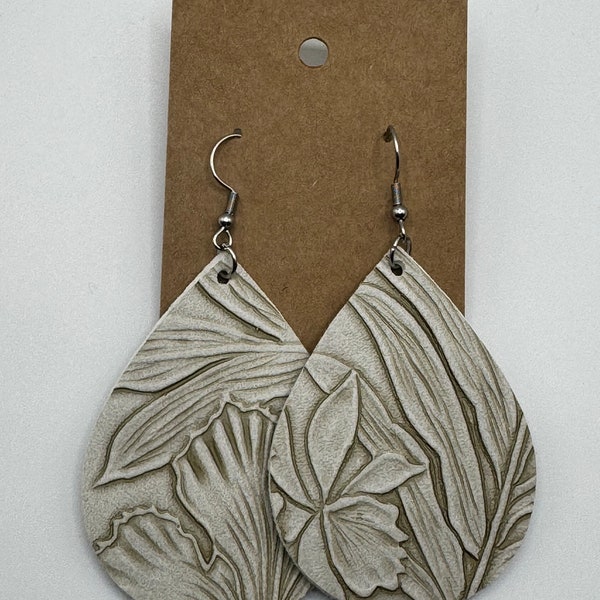 Rustic White Embossed Floral Faux Leather Earrings