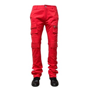 May include: Bright red cargo pants with multiple pockets and a zipper detail. The pants have a classic five-pocket design and are paired with black shoes. The pants are made of a durable material and have a modern fit.