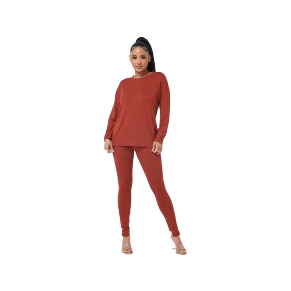 Comfy Lounge Soft Long Sleeve Basic T-Shirts Top and Leggings Set