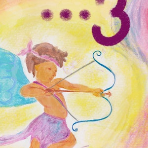 May include: A watercolor painting of a winged figure with a bow and arrow, with the number "3" in purple above. The figure is wearing a pink headband and a purple skirt. The background is a yellow and pink watercolor wash.