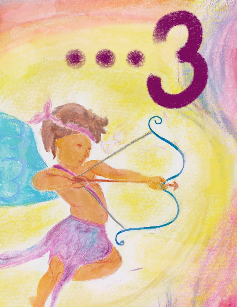 May include: A watercolor painting of a winged figure with a bow and arrow, with the number "3" in purple above. The figure is wearing a pink headband and a purple skirt. The background is a yellow and pink watercolor wash.